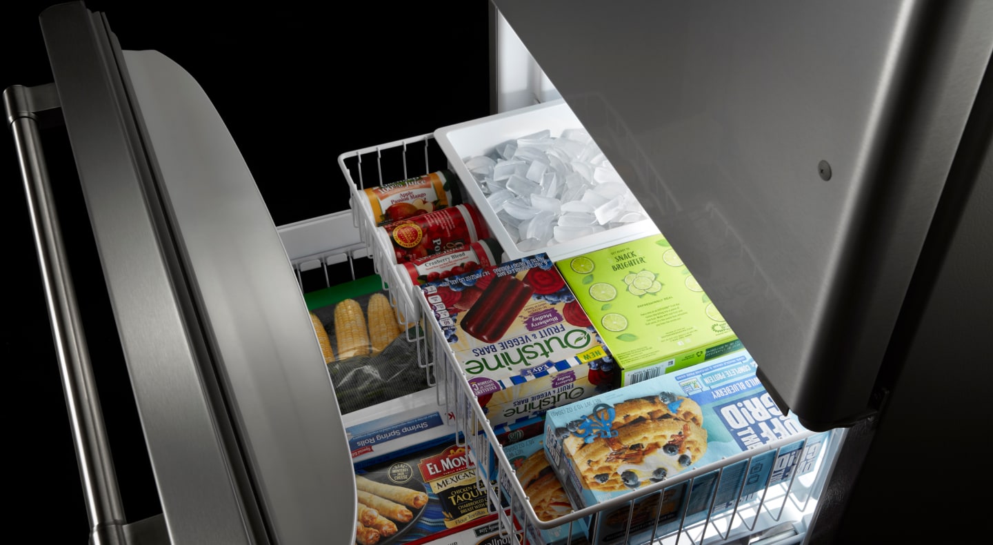 Bottom freezer open to show contents Bottom freezer open to show contents