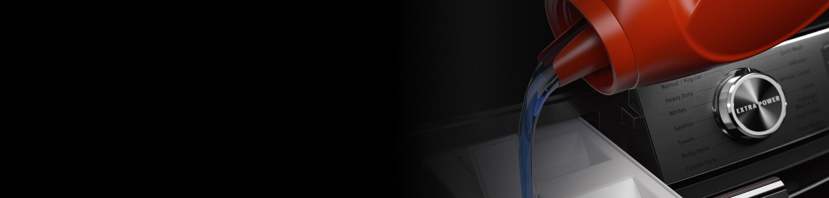 A closeup of liquid laundry detergent being poured into a Maytag® washer dispenser