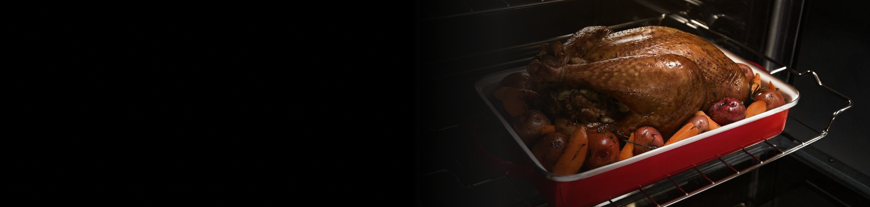 Turkey in roasting pan with carrots and potatoes