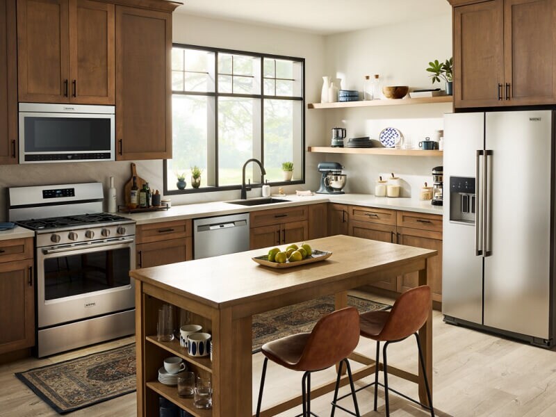Stainless steel Maytag® appliance suite in brown cabinetry