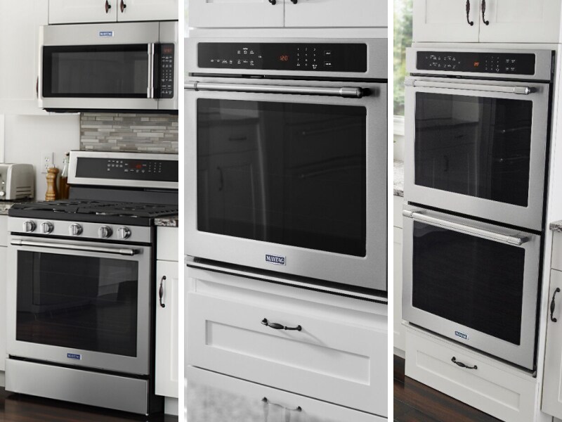 Side-by-side images of a Maytag® range, wall oven and double oven