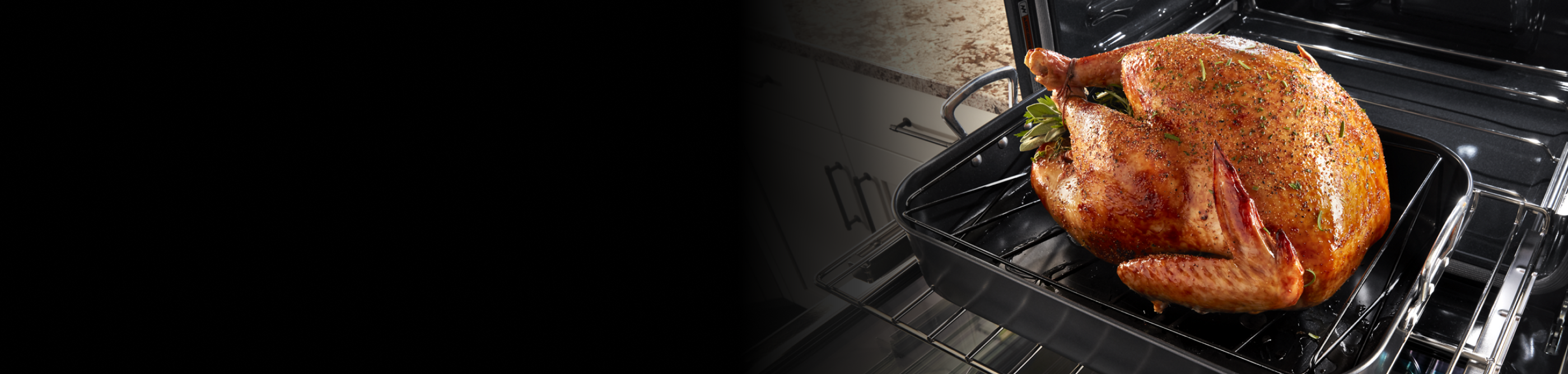Roasted turkey on a roasting pan inside a Maytag® oven