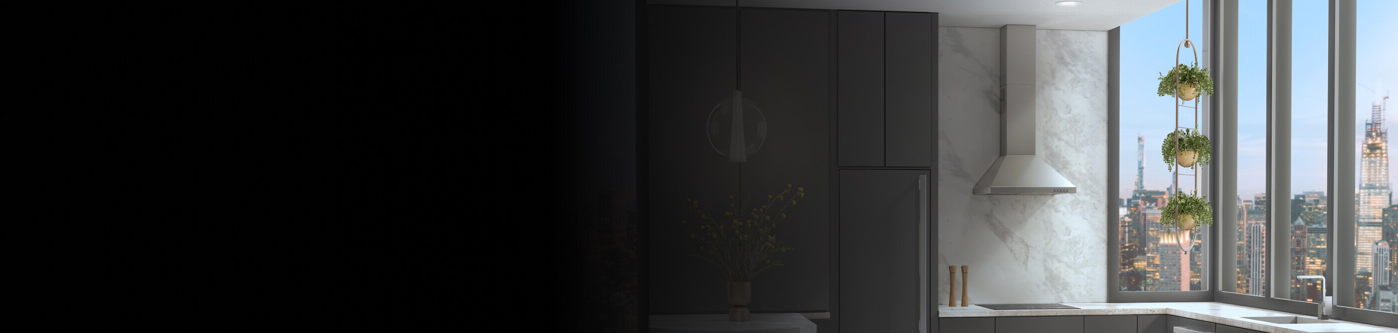 Range hood in a bright, airy kitchen