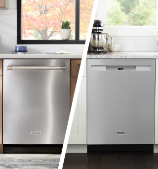 Side-by-side images of front and top control dishwashers