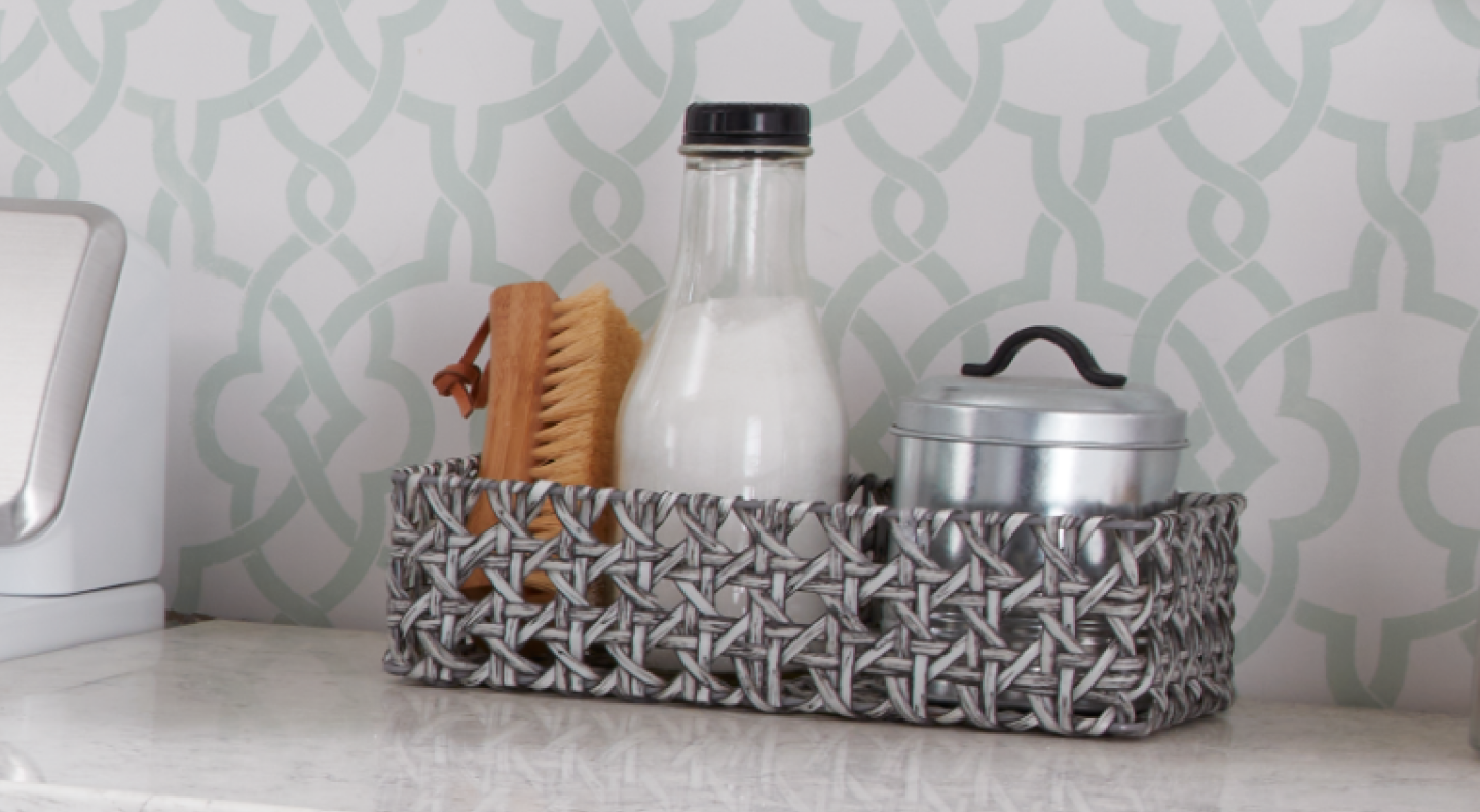 Cleaning supplies on a counter Cleaning supplies on a counter