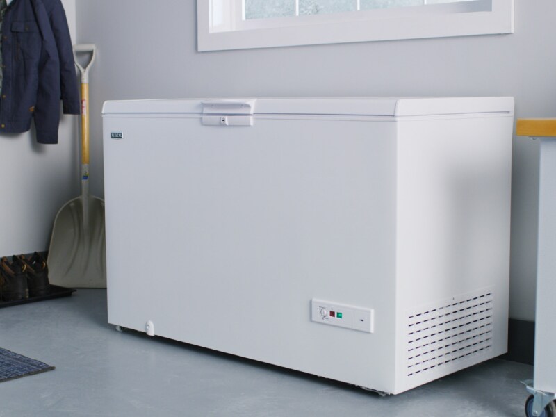 White Maytag® chest freezer in garage White Maytag® chest freezer in garage