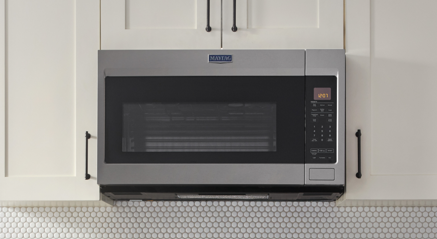 A closeup of a Maytag® over-the-range microwave. A closeup of a Maytag® over-the-range microwave.