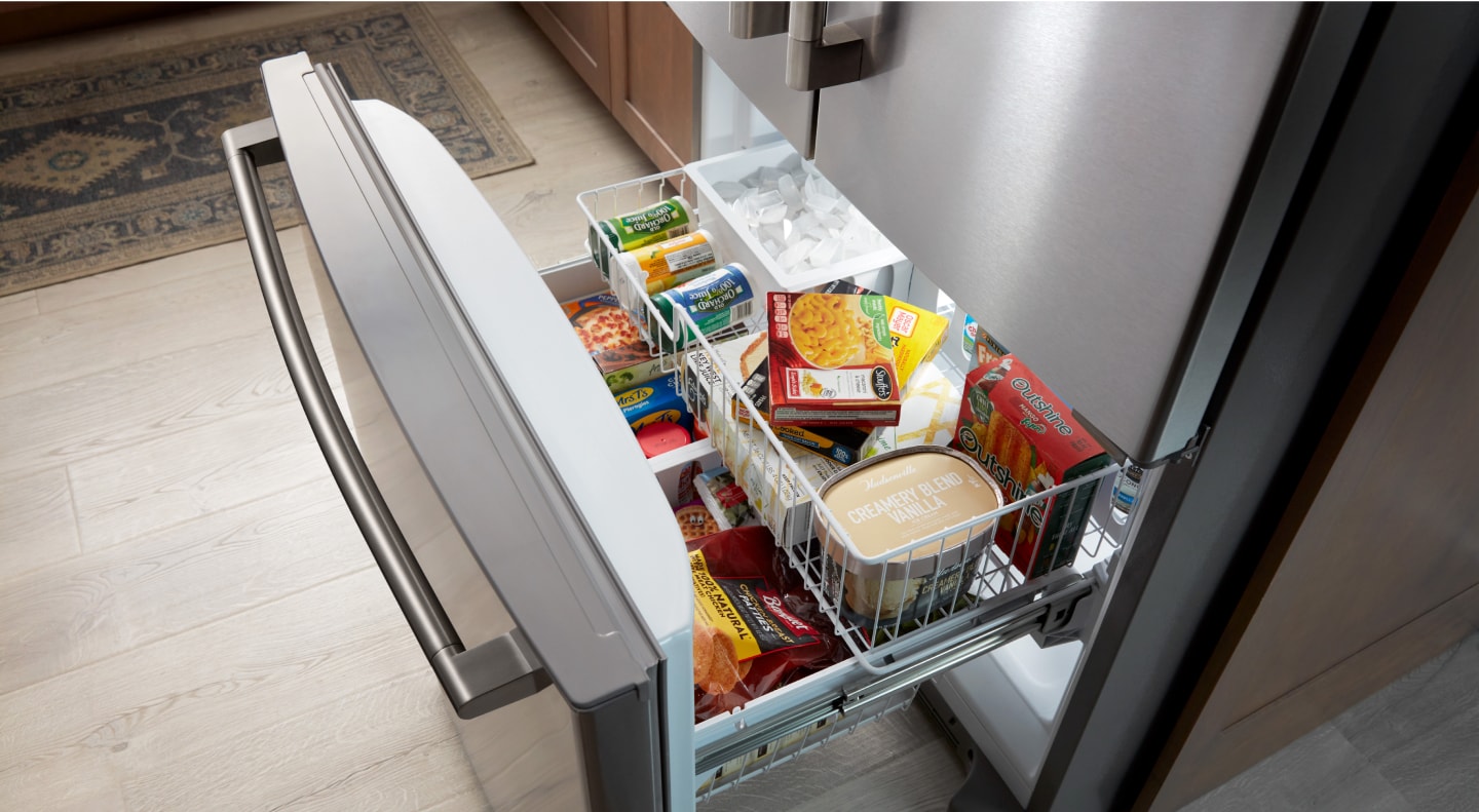 Freezer drawer open to show contents