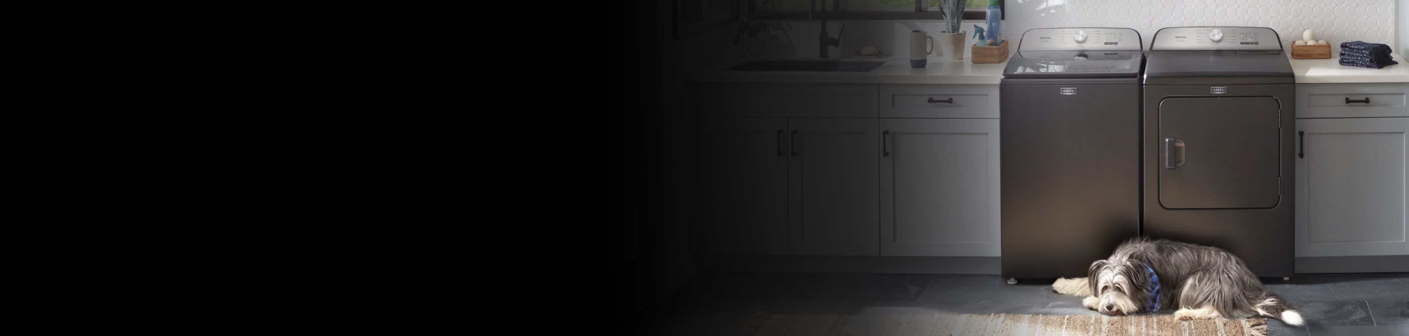 Dog laying in front of a gray Maytag® top load washer and dryer pair