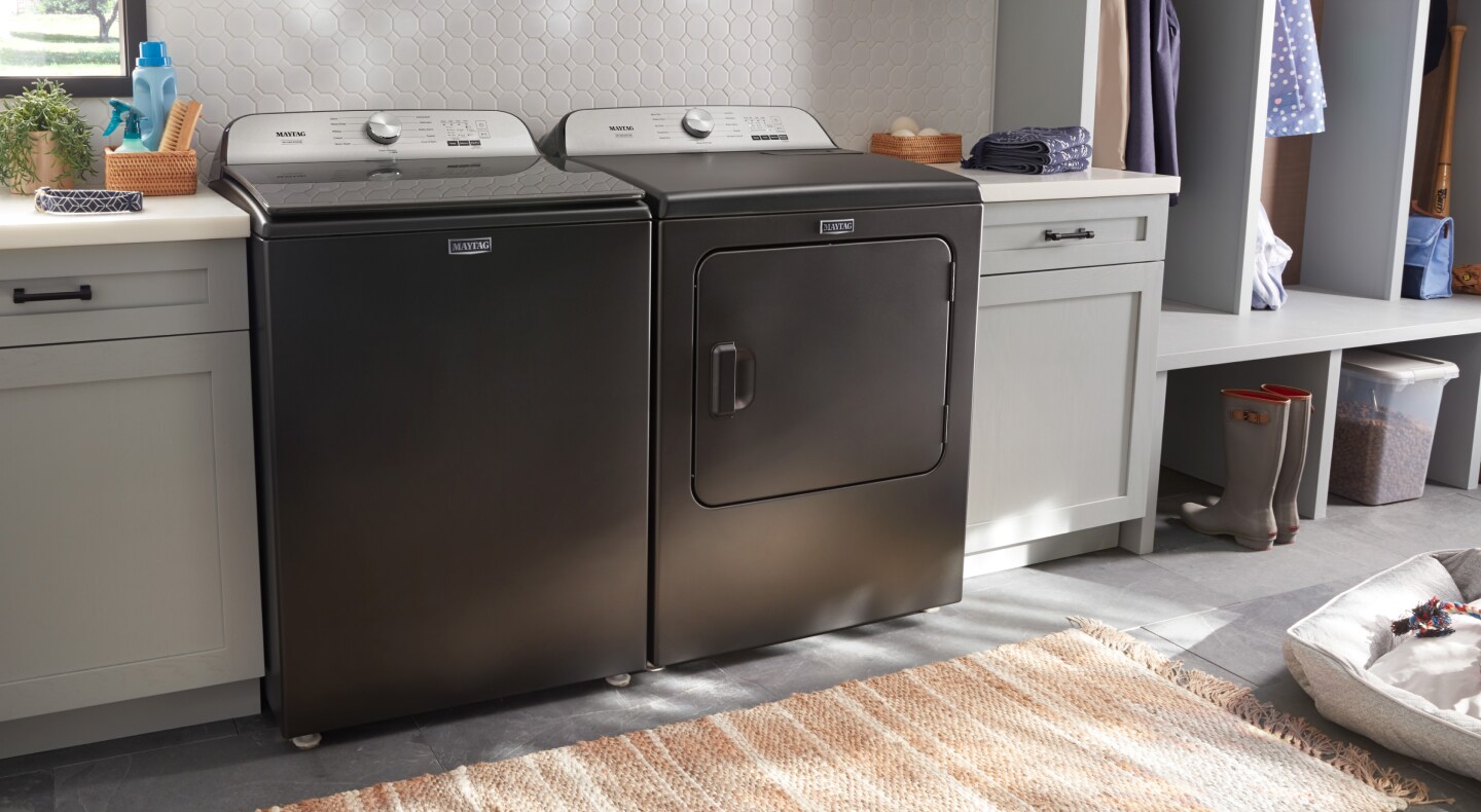 Maytag® Pet Pro System washer and dryer in large laundry room