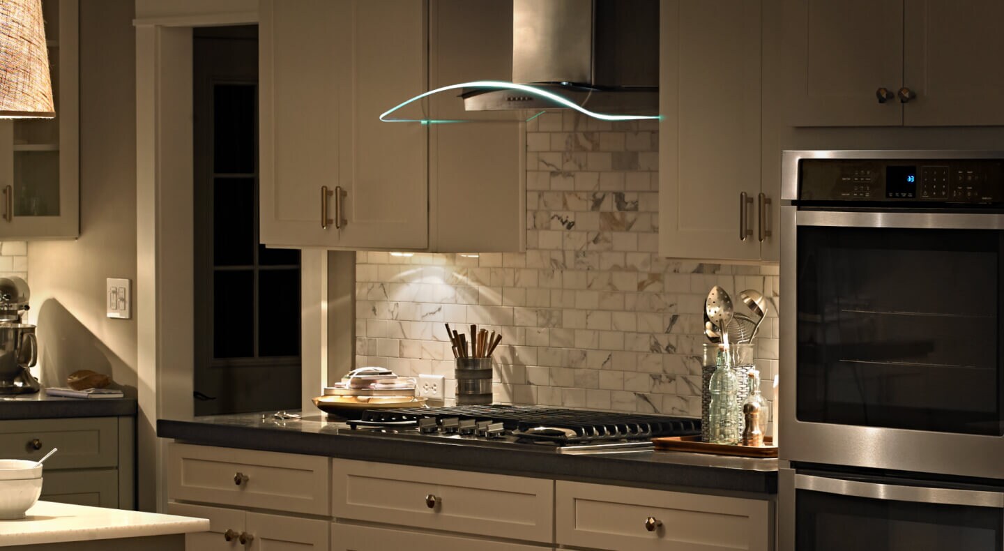 Maytag® range hood in a white kitchen