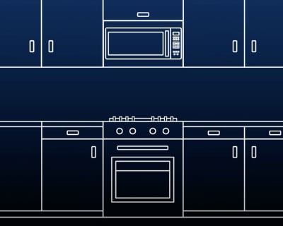 A modern kitchen layout with an over-the-range microwave.