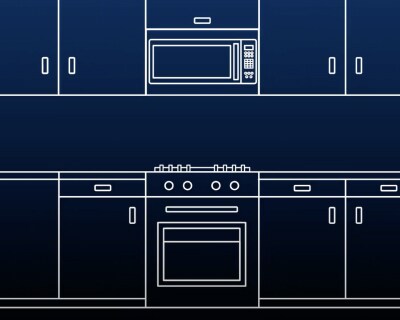 A modern kitchen layout with an over-the-range microwave.
