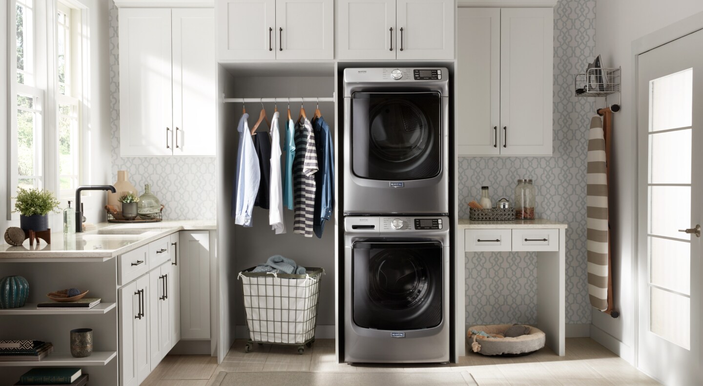 Slate gray Maytag® stacked washer and dryer Slate gray Maytag® stacked washer and dryer