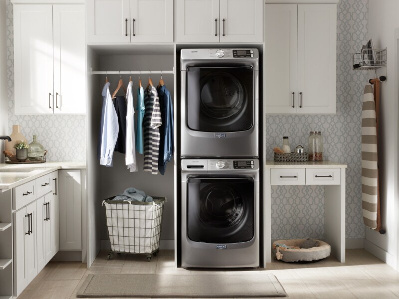 Slate gray Maytag® stacked washer and dryer Slate gray Maytag® stacked washer and dryer