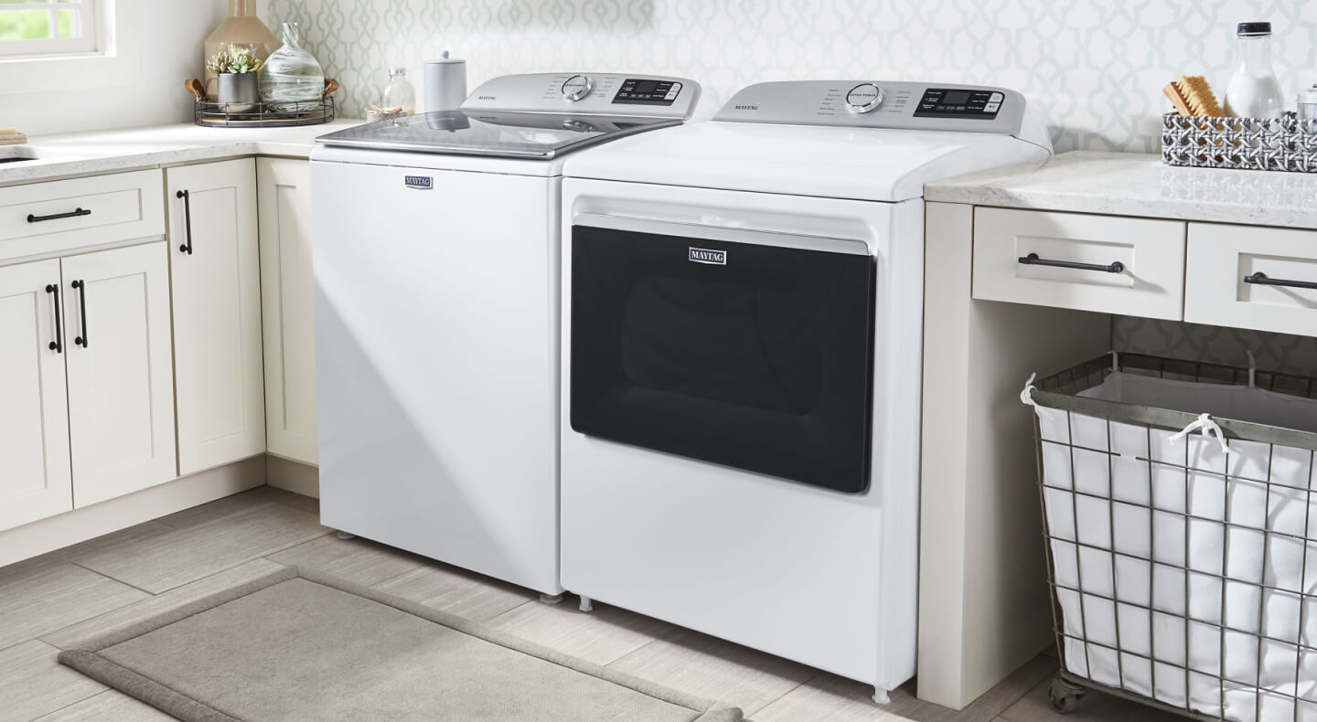 Matching white laundry set from Maytag brand