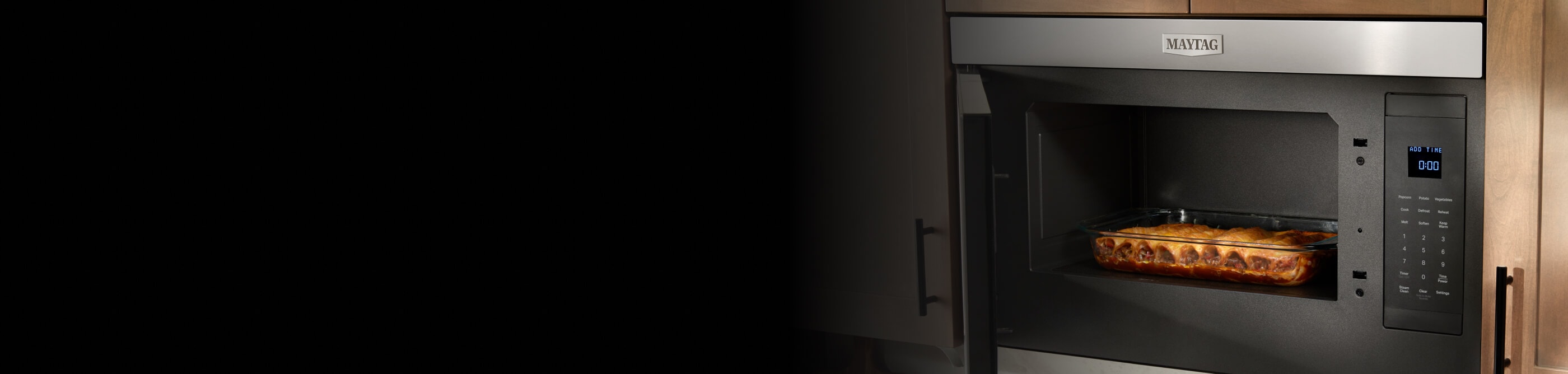 A closeup of a casserole in a Maytag® microwave