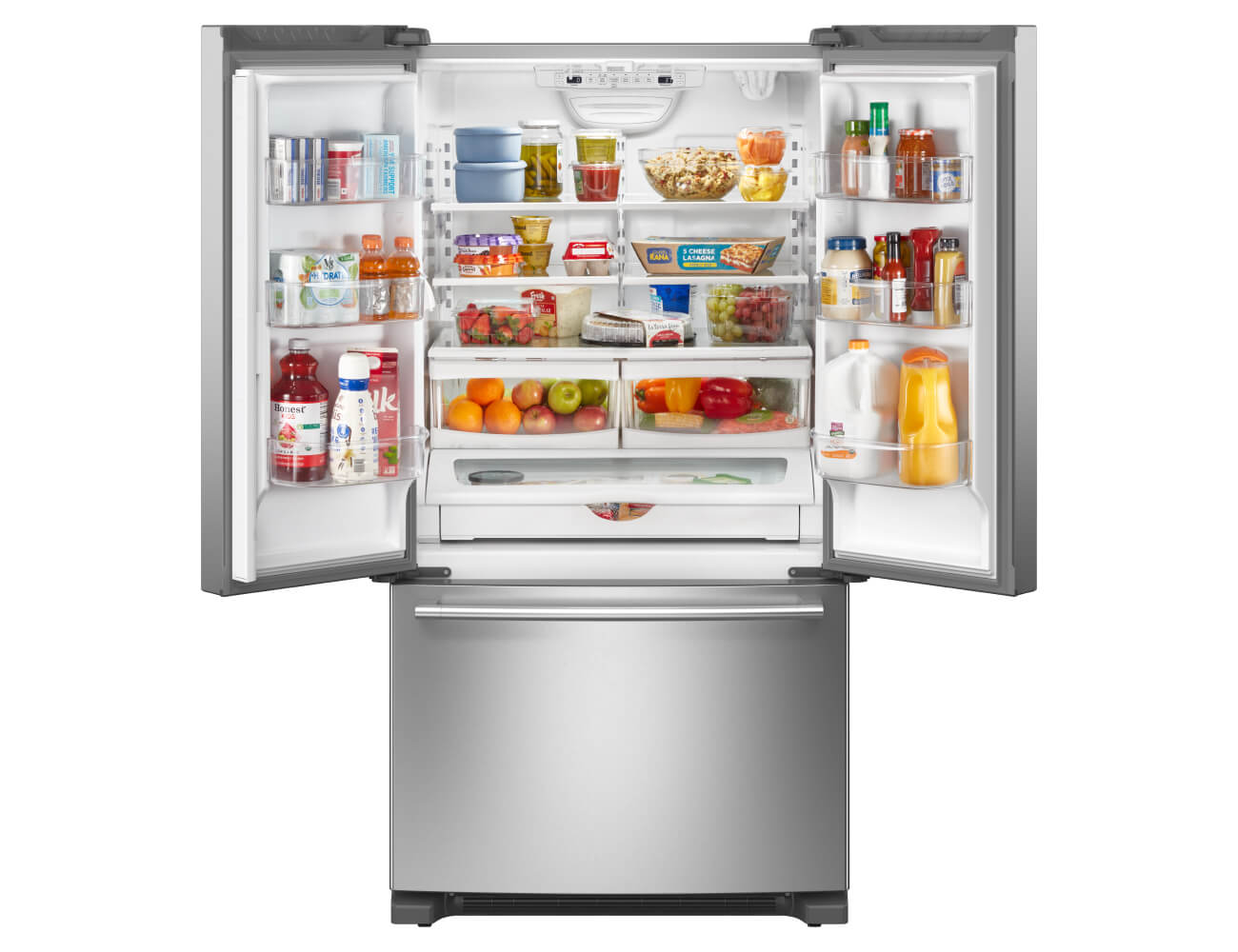 The inside of a French door refrigerator filled with food