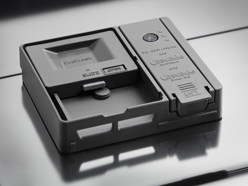 Dishwasher detergent compartment.