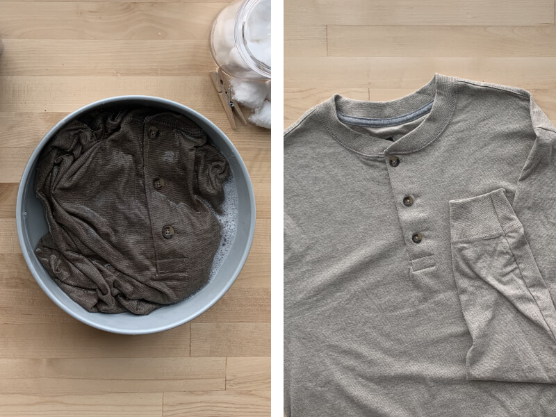 Gray shirt soaking in bucket of soapy water and shirt dry after being cleaned