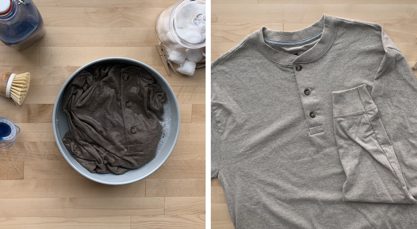 Gray shirt soaking in bucket of soapy water and shirt dry after being cleaned