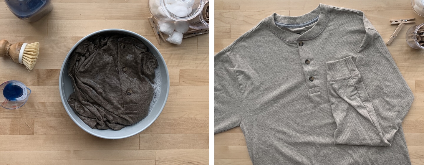 Gray shirt soaking in bucket of soapy water and shirt dry after being cleaned Gray shirt soaking in bucket of soapy water and shirt dry after being cleaned