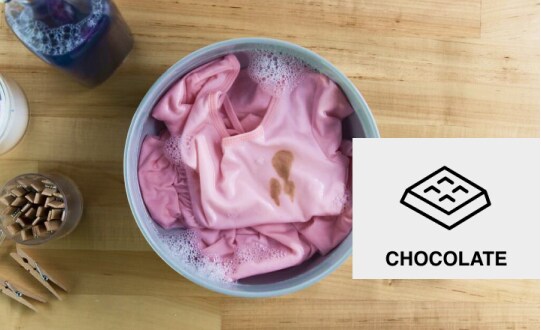 Chocolate-stained clothing in a soapy container