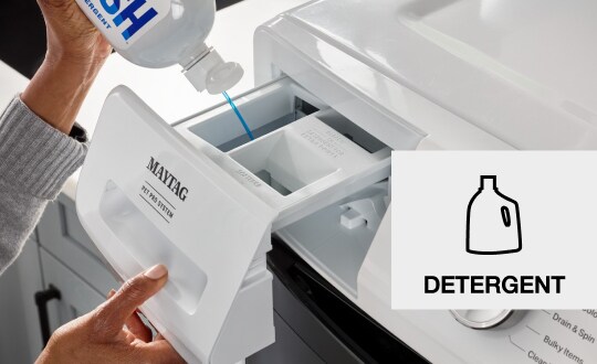 Person adding detergent to a washing machine detergent dispenser