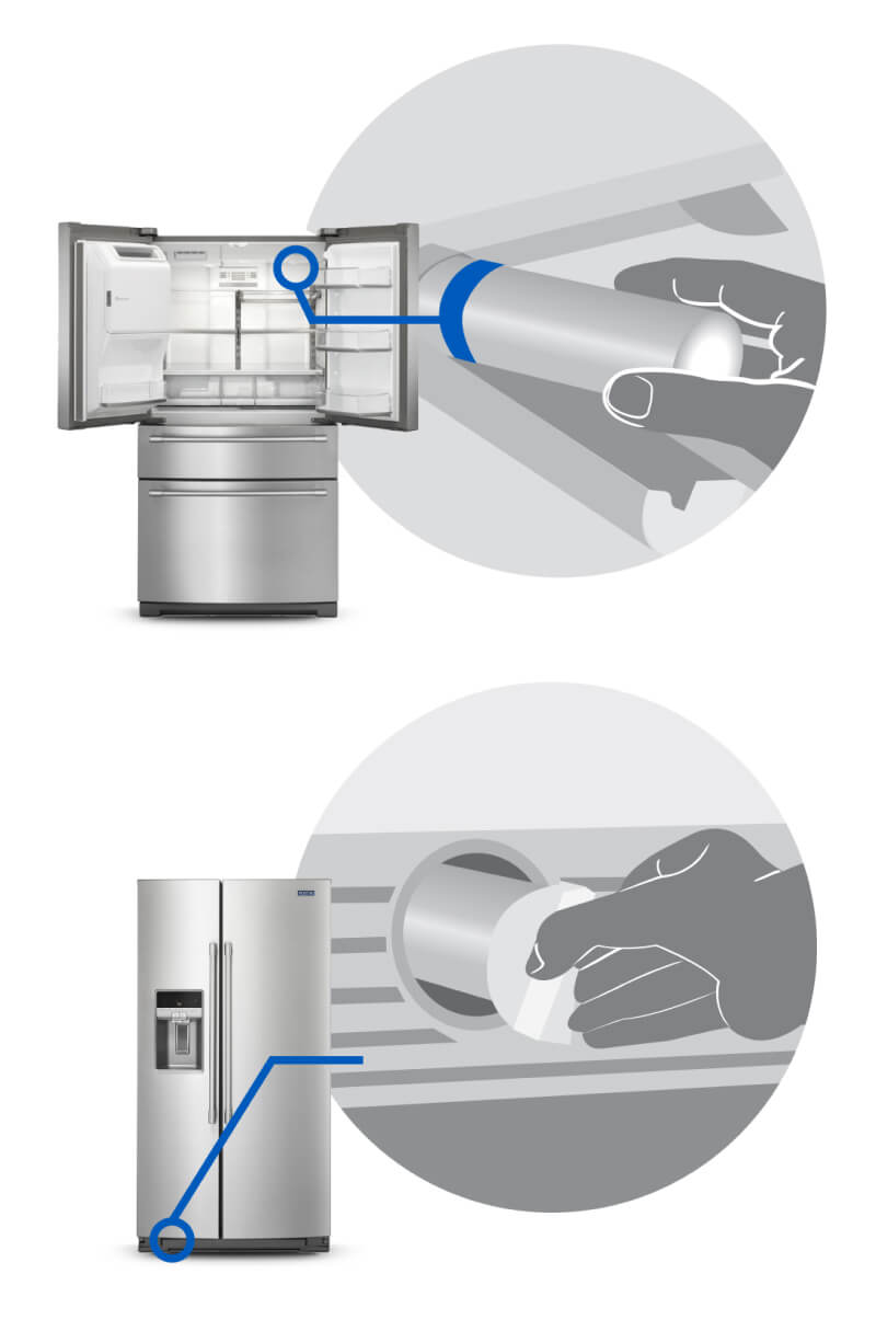 Diagram showing how to replace a water filter in a Maytag® refrigerator Diagram showing how to replace a water filter in a Maytag® refrigerator
