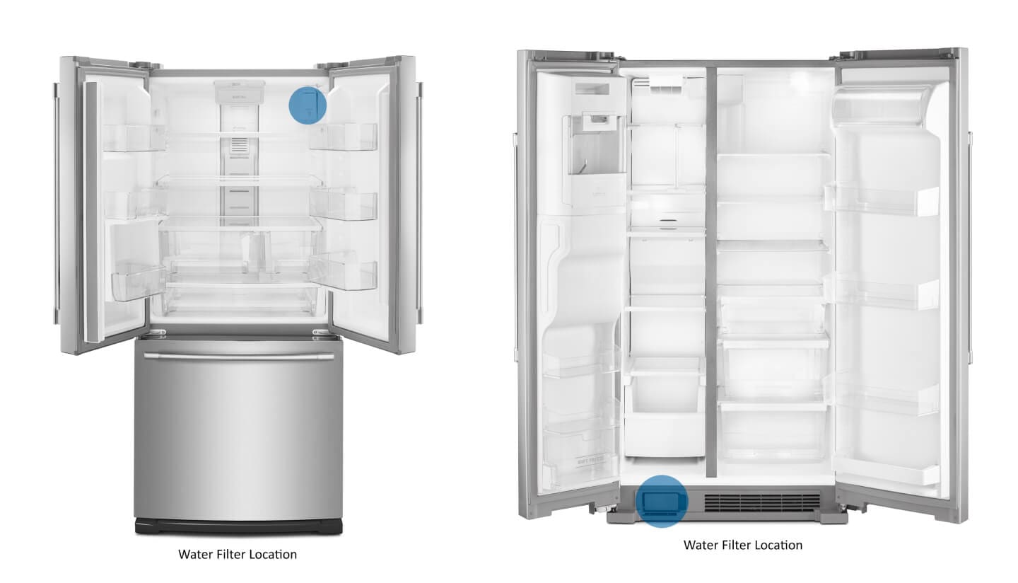 Diagram showing the locations of a water filter for a Maytag® refrigerator Diagram showing the locations of a water filter for a Maytag® refrigerator