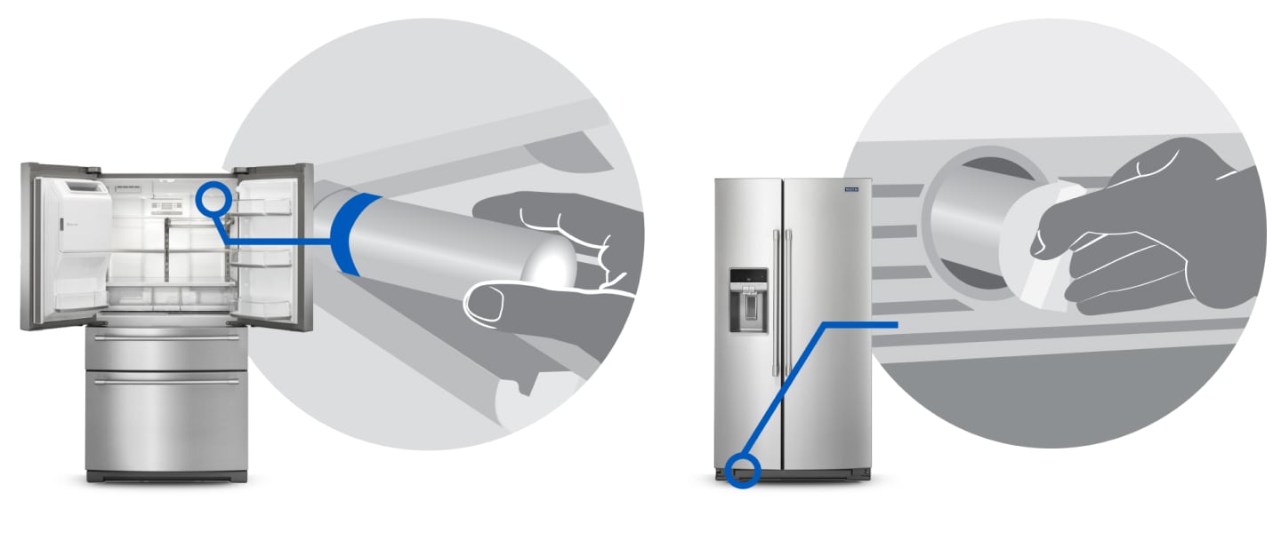 Diagram showing how to replace a water filter in a Maytag® refrigerator Diagram showing how to replace a water filter in a Maytag® refrigerator