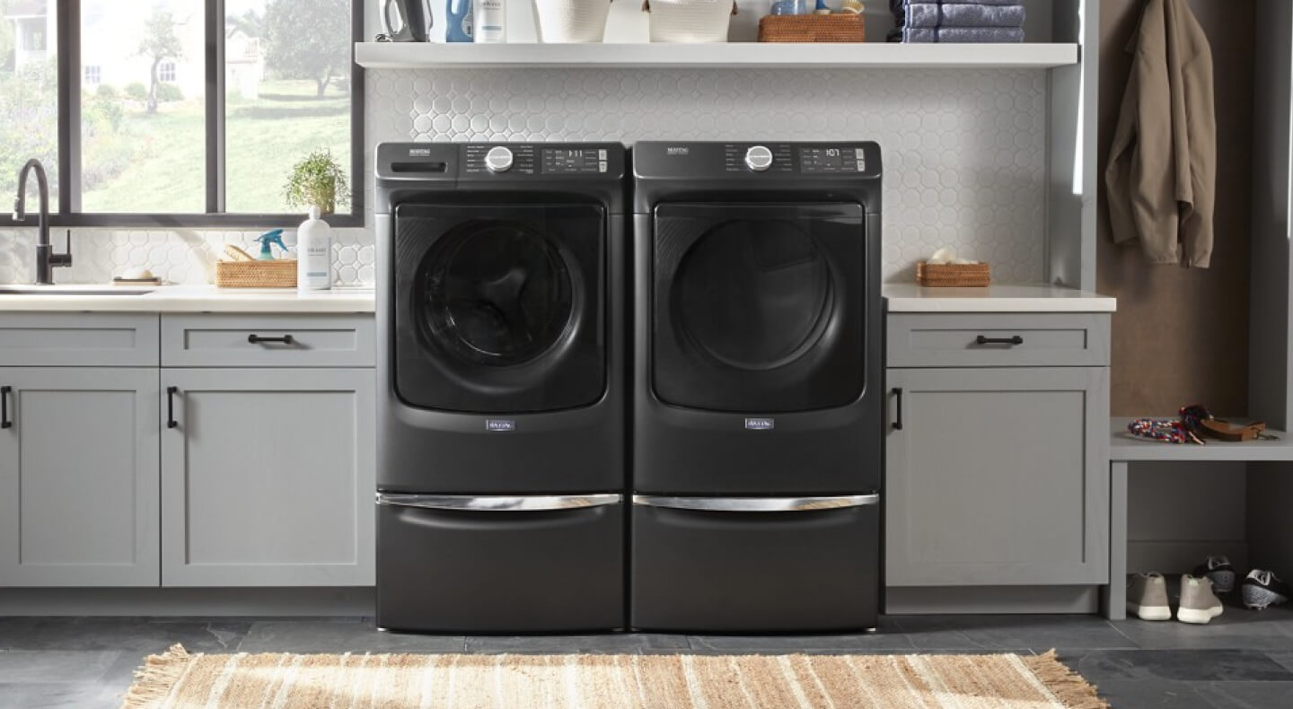 Black front load washer and dryer set