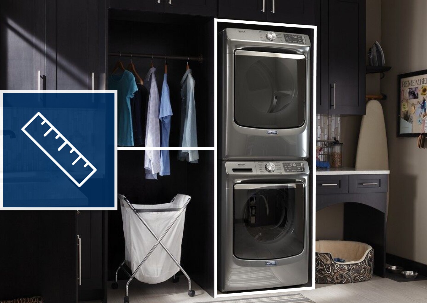 Stacked washer and dryer in laundry room with ruler icon