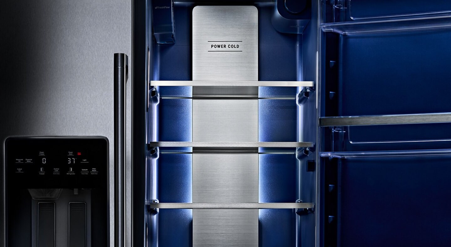 Close-up of the Arctic Blue Interior in Maytag® Side-by-Side Refrigerator