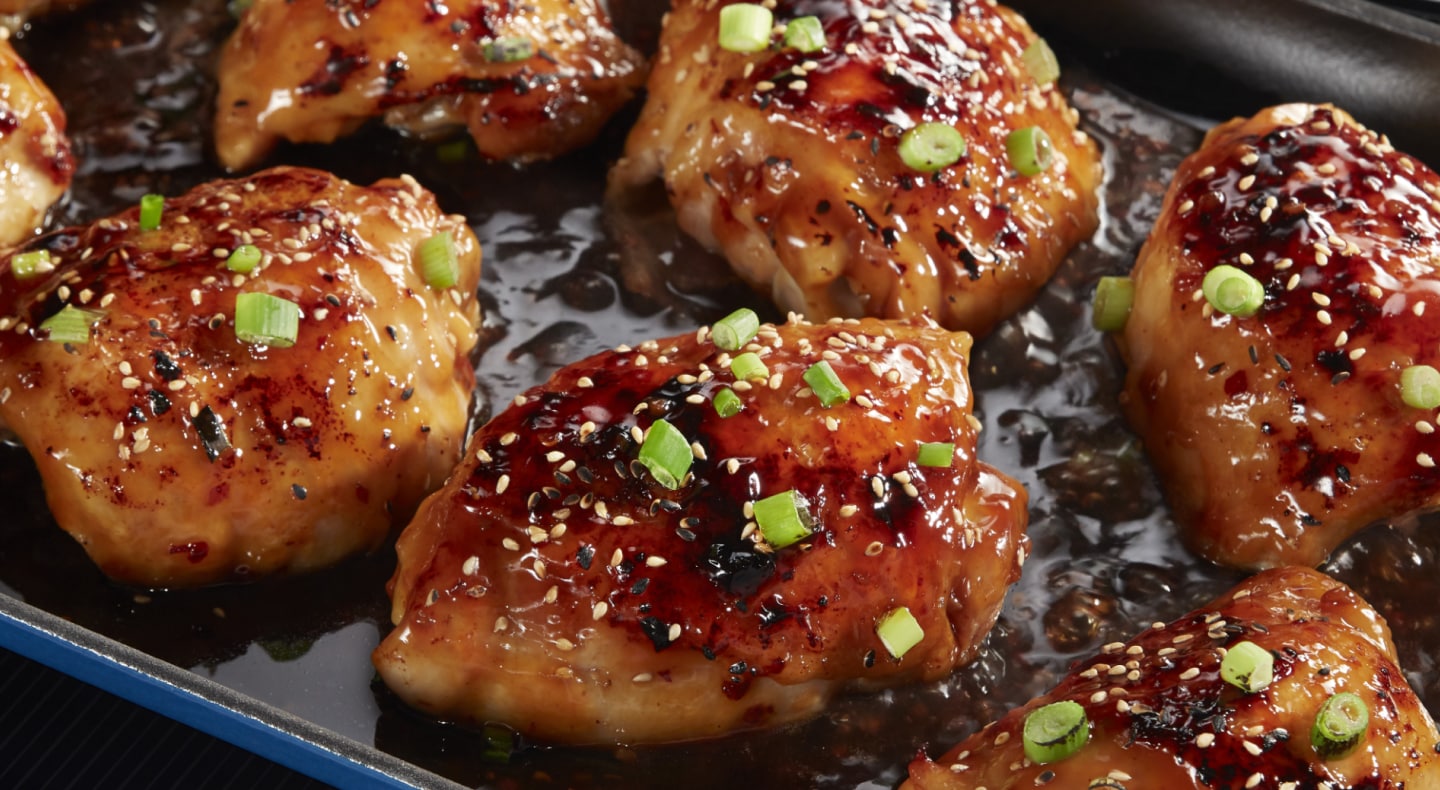 Close-up of teriyaki chicken sprinkled with sesame seeds and green onions Close-up of teriyaki chicken sprinkled with sesame seeds and green onions