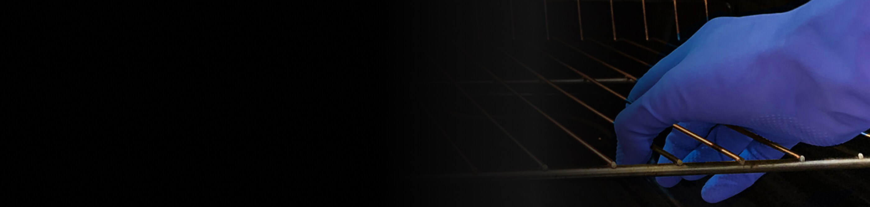 Hand wearing blue glove removing oven rack from oven cavity