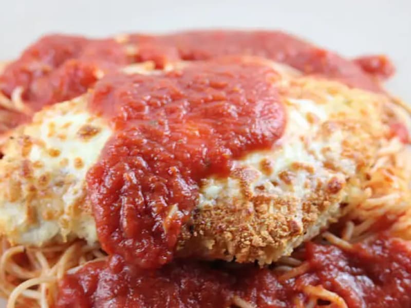 Closeup of parmesan chicken