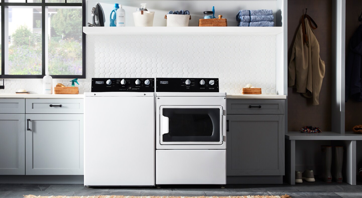 White Maytag® commercial-grade washer and dryer