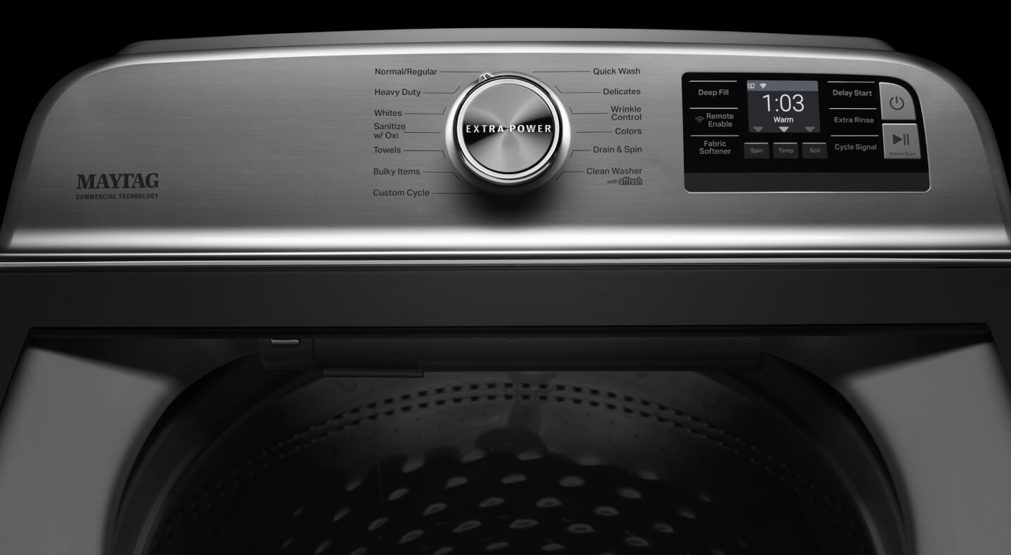 Console of a metallic slate Maytag® top load washer