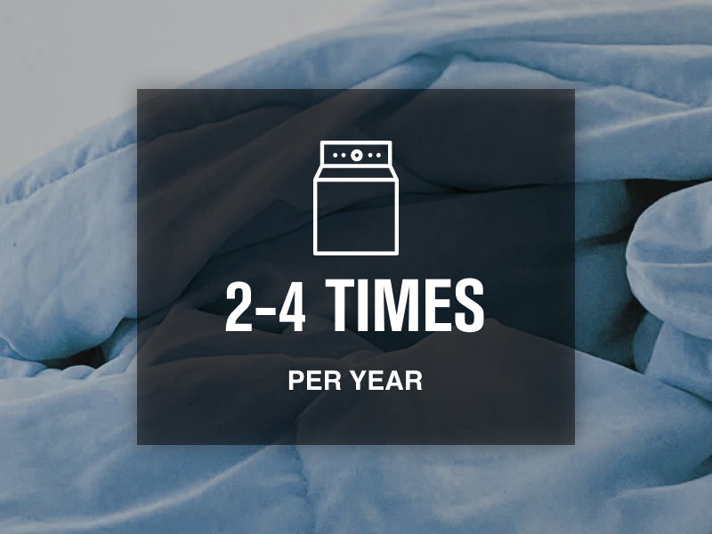 Fluffy blue comforter with washer icon overlaid 