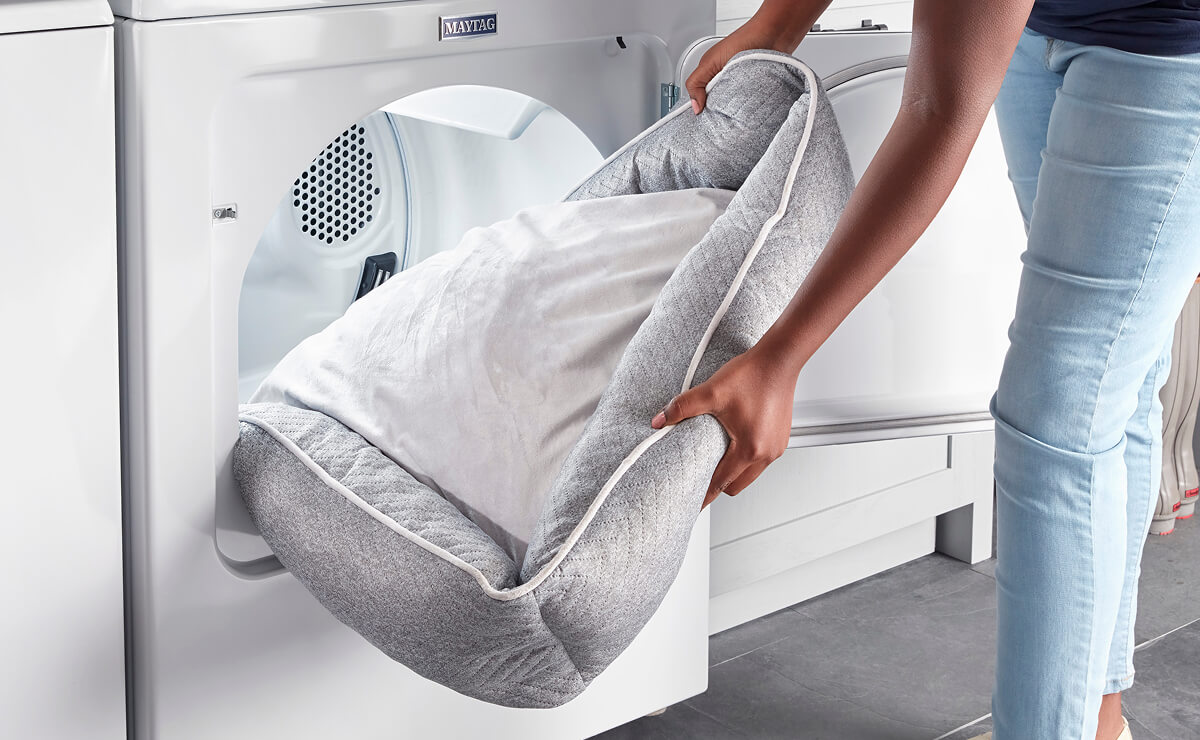 A person holding a dog bed