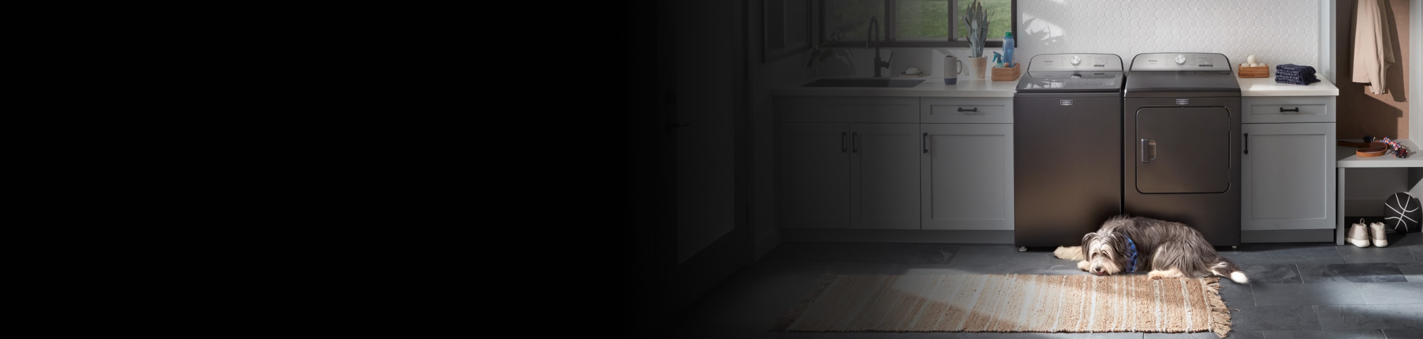 Dog laying in front of Maytag® washer and dryer in laundry room