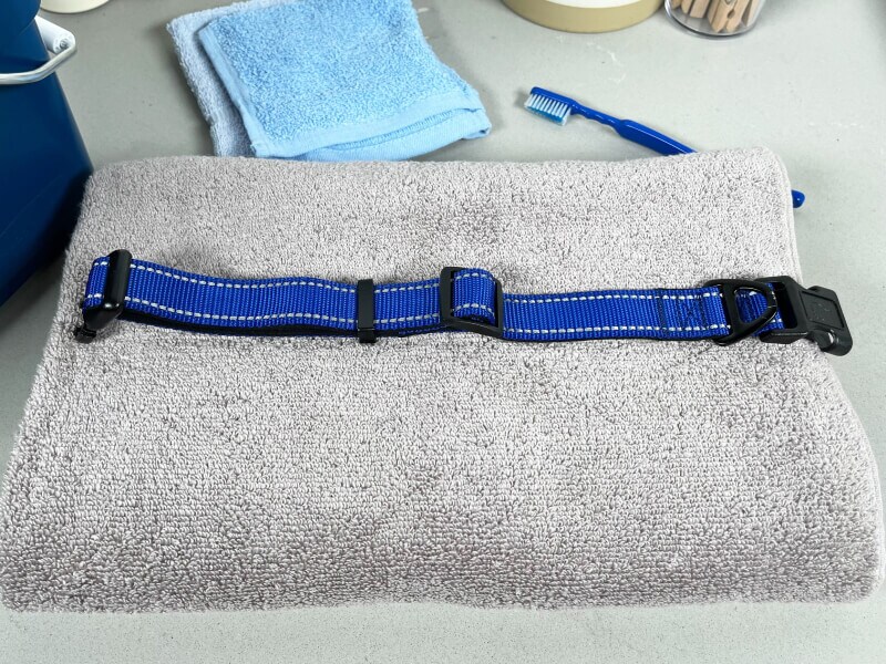 Dog collar laid out to dry on towel