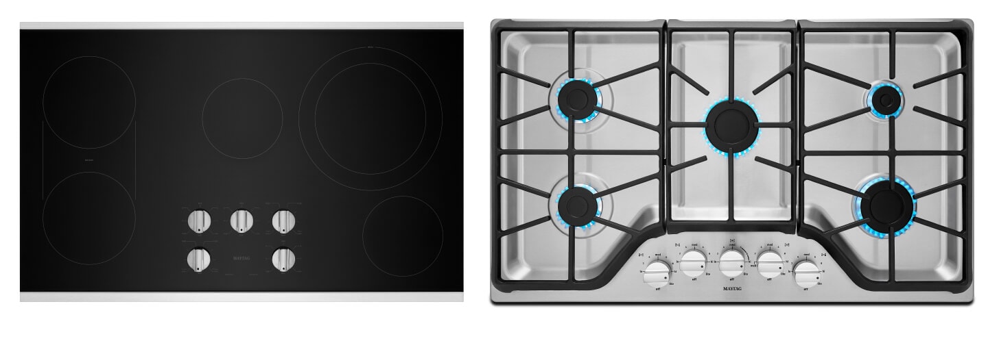 Side-by-side images of electric and gas cooktops Side-by-side images of electric and gas cooktops