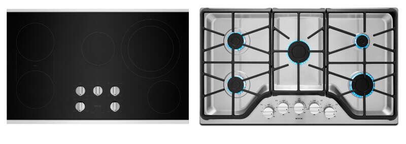 Side-by-side images of electric and gas cooktops Side-by-side images of electric and gas cooktops