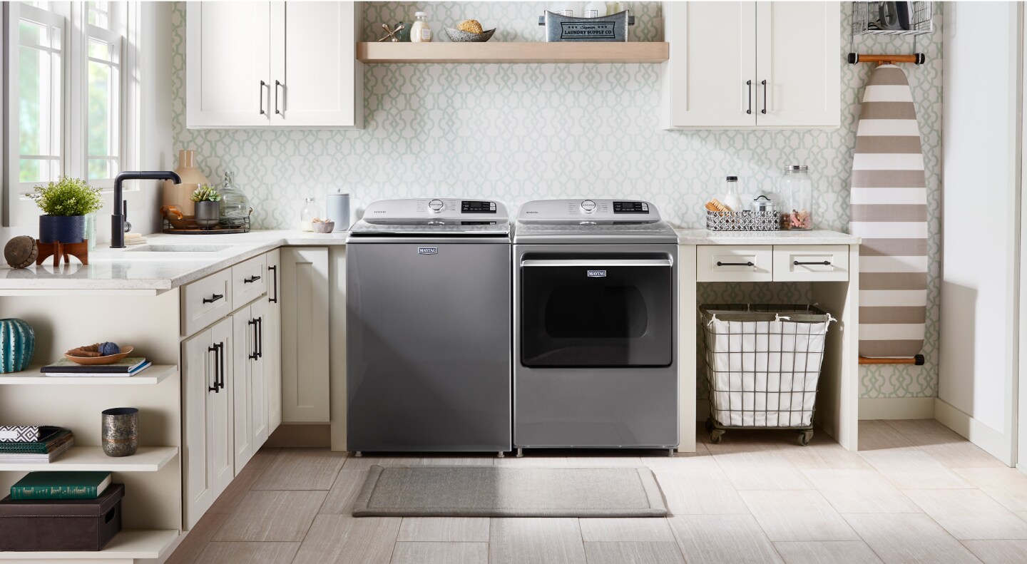 Maytag® metallic slate washer and dryer in a modern laundry room