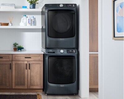 A stacked Maytag® laundry set