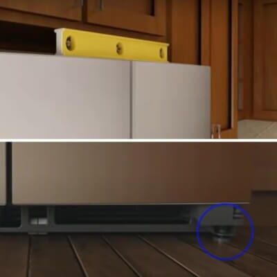 Split image of a level on the refrigerator and the leveling leg on the right side