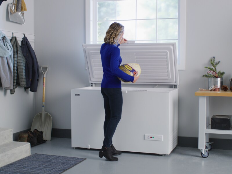 Person putting frozen turkey into a chest freezer Person putting frozen turkey into a chest freezer