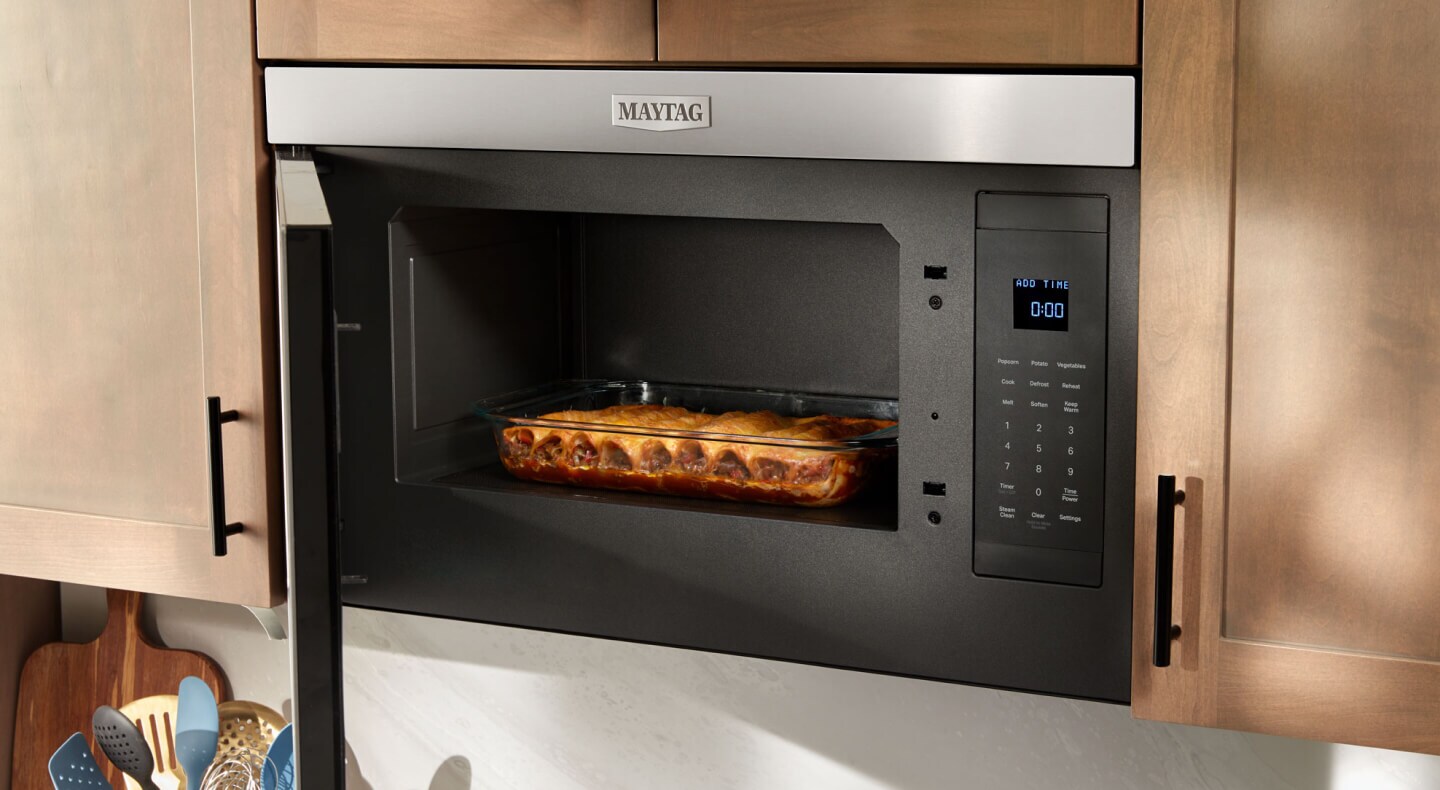 Casserole dish inside a Maytag® microwave Casserole dish inside a Maytag® microwave